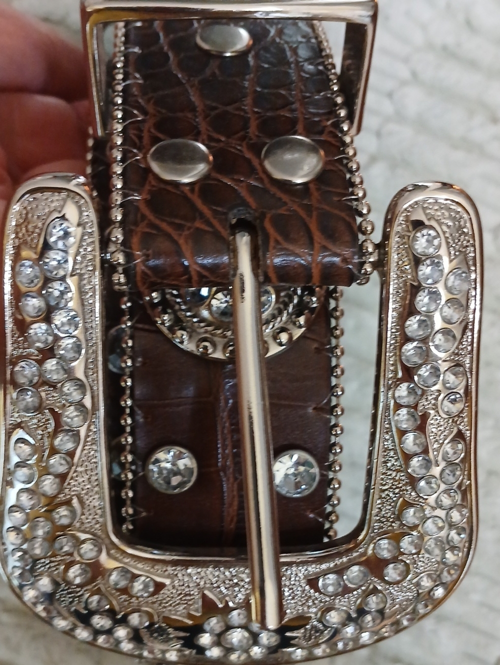 Western Bling Belt with Embellished Buckle Bonded Leather Brown UNISEX Large